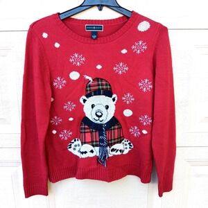 Karen Scott Polar Bear Winter Sweater Red Large Ugly‎ Holiday 3D Scarf Pullover